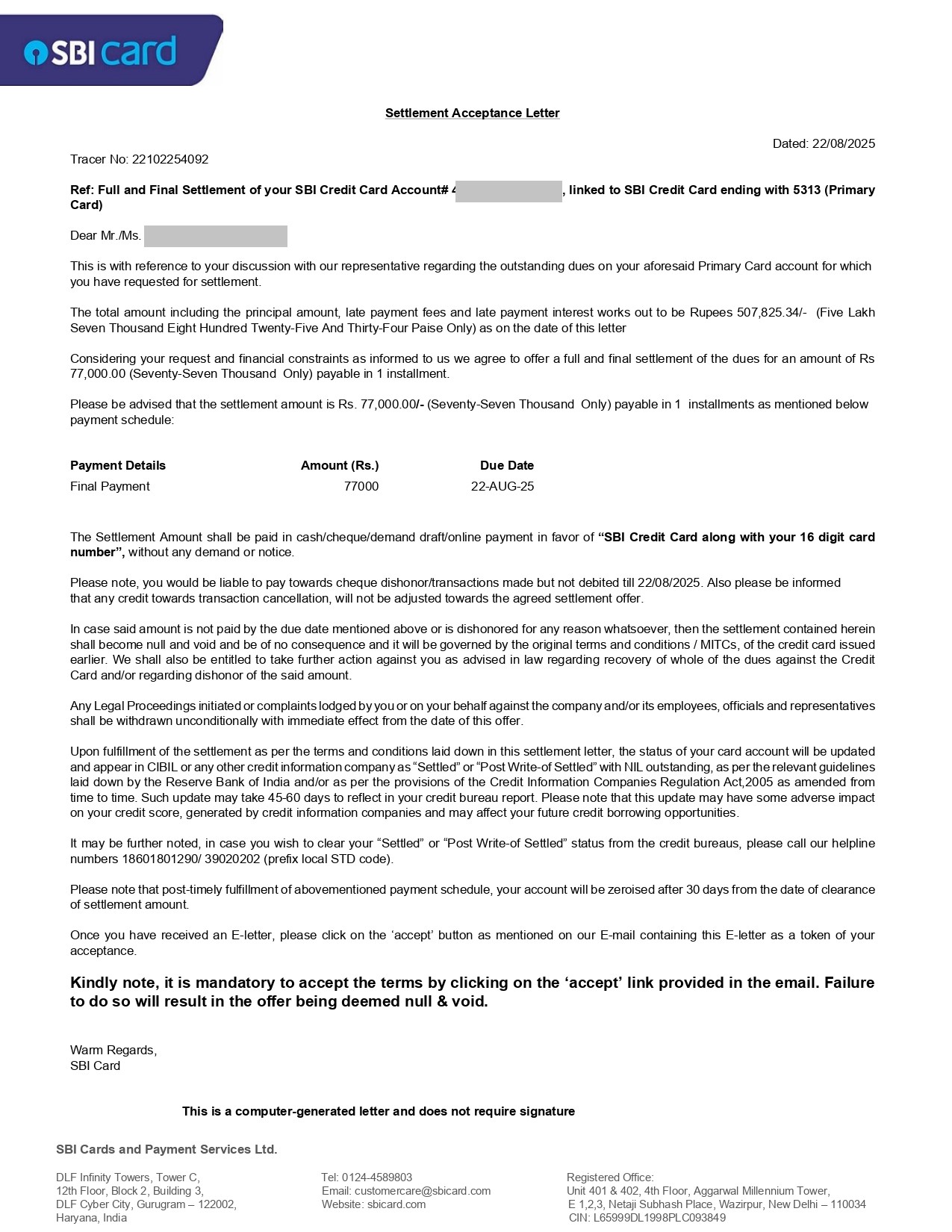 Loan Settlement Document